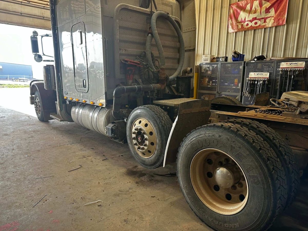 Semi tractor in the shop for repair